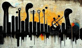 Generative AI, Abstract Street art with keys and musical instruments silhouettes. Ink colorful graffiti art on a textured paper vintage background, inspired by Banksy photo