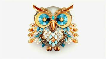 Generative AI, beautiful colorful owl brooch, opal stone and golden color palette isolated on white background. Bijouterie, jewelry close up. photo