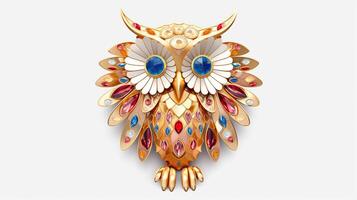 Generative AI, beautiful colorful owl brooch, opal stone and golden color palette isolated on white background. Bijouterie, jewelry close up. photo