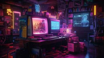 Generative AI, Computer on the table in cyberpunk style, nostalgic 80s, 90s. Neon night lights vibrant colors, photorealistic horizontal illustration of the futuristic interior. Technology concept. photo