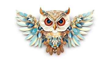 Generative AI, beautiful colorful owl brooch, opal stone and golden color palette isolated on white background. Bijouterie, jewelry close up. photo