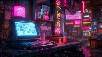 Generative AI, Computer on the table in cyberpunk style, nostalgic 80s, 90s. Neon night lights vibrant colors, photorealistic horizontal illustration of the futuristic interior. Technology concept. photo