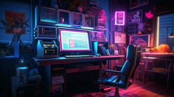 Generative AI, Computer on the table in cyberpunk style, nostalgic 80s, 90s. Neon night lights vibrant colors, photorealistic horizontal illustration of the futuristic interior. Technology concept. photo