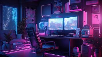 Generative AI, Computer on the table in cyberpunk style, nostalgic 80s, 90s. Neon night lights vibrant colors, photorealistic horizontal illustration of the futuristic interior. Technology concept. photo