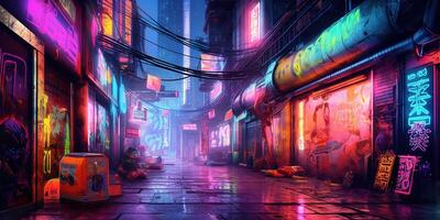 Generative AI, Night scene of big city in cyberpunk style, futuristic nostalgic 80s, 90s. Neon lights vibrant colors, photorealistic horizontal illustration. photo