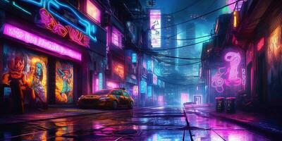 Generative AI, Night scene of big city in cyberpunk style, futuristic nostalgic 80s, 90s. Neon lights vibrant colors, photorealistic horizontal illustration. photo