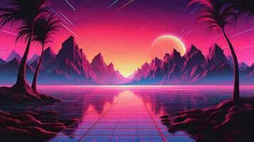 generativo ai, Años 80 retro futurista ciencia ficción., nostálgico años 90 noche y puesta de sol neón colores, cyberpunk Clásico ilustración. sol, montañas y palmas retrowave vj videojuego paisaje. foto