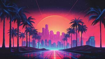 Generative AI, 80s retro futuristic sci-fi., nostalgic 90s. Night and sunset neon colors, cyberpunk vintage illustration. Sun, mountains and palms. Retrowave VJ videogame landscape. photo