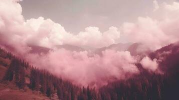 Generative AI, Pink magenta fantastic clouds, sky and landscape. Gentle colors and with bright lights. photo