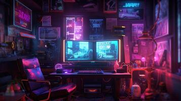 Generative AI, Computer on the table in cyberpunk style, nostalgic 80s, 90s. Neon night lights vibrant colors, photorealistic horizontal illustration of the futuristic interior. Technology concept. photo