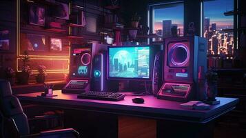 Generative AI, Computer on the table in cyberpunk style, nostalgic 80s, 90s. Neon night lights vibrant colors, photorealistic horizontal illustration of the futuristic interior. Technology concept. photo