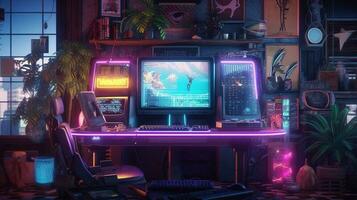 Generative AI, Computer on the table in cyberpunk style, nostalgic 80s, 90s. Neon night lights vibrant colors, photorealistic horizontal illustration of the futuristic interior. Technology concept. photo