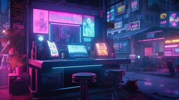 Generative AI, Computer on the table in cyberpunk style, nostalgic 80s, 90s. Neon night lights vibrant colors, photorealistic horizontal illustration of the futuristic interior. Technology concept. photo