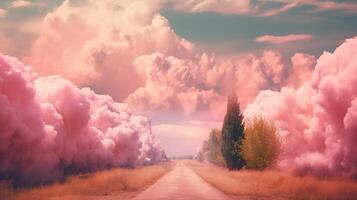 Generative AI, Pink magenta fantastic clouds, sky and landscape. Gentle colors and with bright lights. photo