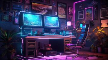 generativo ai, computadora en el mesa en cyberpunk estilo, nostálgico años 80, años 90 neón noche luces vibrante colores, fotorrealista horizontal ilustración de el futurista interior. tecnología concepto. foto