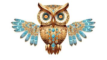 Generative AI, beautiful colorful owl brooch, opal stone and golden color palette isolated on white background. Bijouterie, jewelry close up photo