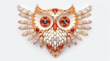 , beautiful colorful owl brooch, opal stone and golden color palette isolated on white background. Bijouterie, jewelry close up photo