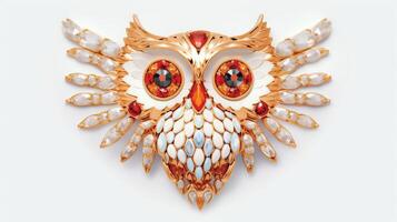 Generative AI, beautiful colorful owl brooch, opal stone and golden color palette isolated on white background. Bijouterie, jewelry close up photo