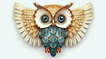 Generative AI, beautiful colorful owl brooch, opal stone and golden color palette isolated on white background. Bijouterie, jewelry close up photo