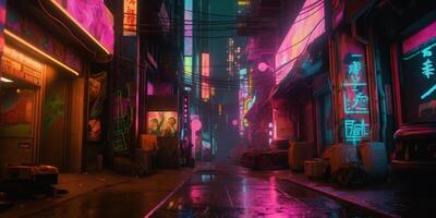 Generative AI, Night scene of after rain city in cyberpunk style, futuristic nostalgic 80s, 90s. Neon lights vibrant colors, photorealistic horizontal illustration. photo