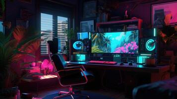 Generative AI, Computer on the table in cyberpunk style, nostalgic 80s, 90s. Neon night lights vibrant colors, photorealistic horizontal illustration of the futuristic interior. Technology concept. photo