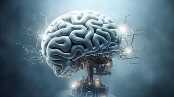 , human brain and artificial intelligence concept, big data processing, computer motherboard. Education, knowledge and creativity photo