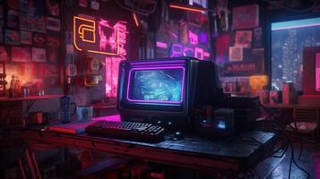 Generative AI, Computer on the table in cyberpunk style, nostalgic 80s, 90s. Neon night lights vibrant colors, photorealistic horizontal illustration of the futuristic interior. Technology concept. photo