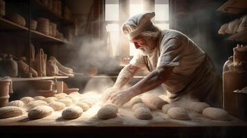 Generative AI, Old man hands of baker in restaurant or home kitchen, prepares ecologically natural pastries. photo