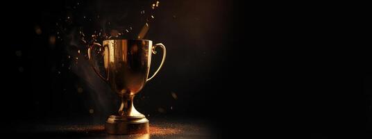 , Winner trophy with flames, golden champion cup with falling confetti on dark background photo