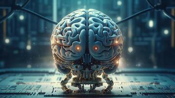 , human brain and artificial intelligence concept, big data processing, computer motherboard. Education, knowledge and creativity photo
