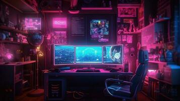 Generative AI, Computer on the table in cyberpunk style, nostalgic 80s, 90s. Neon night lights vibrant colors, photorealistic horizontal illustration of the futuristic interior. Technology concept. photo