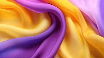 Generative AI, Flowing chiffon fabric texture in purple violet and yellow color. Glossy spring banner, material 3D effect, modern macro photorealistic abstract background illustration. photo