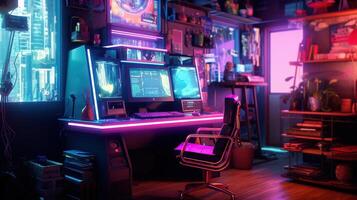 Generative AI, Computer on the table in cyberpunk style, nostalgic 80s, 90s. Neon night lights vibrant colors, photorealistic horizontal illustration of the futuristic interior. Technology concept. photo