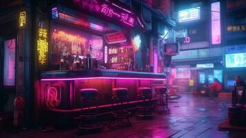 generativo ai, cyberpunk estilo bar o cafetería. noche escena de grande ciudad, futurista nostálgico años 80, años 90 neón luces vibrante colores, fotorrealista horizontal ilustración. foto