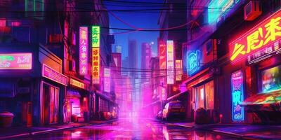 generativo ai, noche escena de grande ciudad en cyberpunk estilo, futurista nostálgico años 80, años 90 neón luces vibrante colores, fotorrealista horizontal ilustración. foto