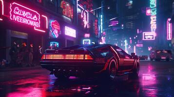 , Night scene of big city in cyberpunk style, futuristic nostalgic 80s, 90s. Neon lights vibrant colors, photorealistic horizontal illustration. photo