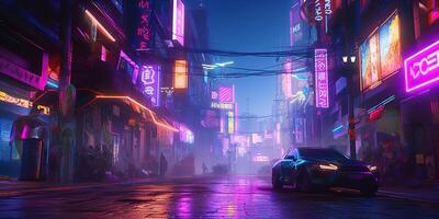 Generative AI, Night scene of big city in cyberpunk style, futuristic nostalgic 80s, 90s. Neon lights vibrant colors, photorealistic horizontal illustration. photo