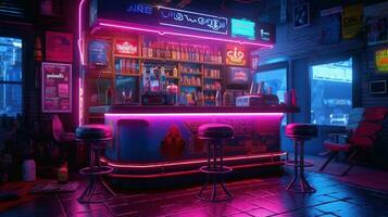 Generative AI, Cyberpunk style bar or cafe. Night scene of big city, futuristic nostalgic 80s, 90s. Neon lights vibrant colors, photorealistic horizontal illustration. photo