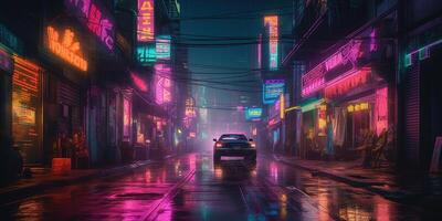 Generative AI, Night scene of after rain city in cyberpunk style, futuristic nostalgic 80s, 90s. Neon lights vibrant colors, photorealistic horizontal illustration. photo