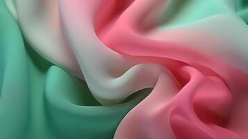 , Flowing chiffon fabric texture in light pink and green color. Glossy spring banner, material 3D effect, modern macro photorealistic abstract background illustration photo
