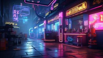 , Cyberpunk style bar or cafe. Night scene of big city, futuristic nostalgic 80s, 90s. Neon lights vibrant colors, photorealistic horizontal illustration. photo