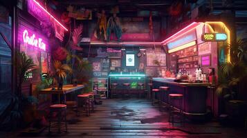 , Cyberpunk style bar or cafe. Night scene of big city, futuristic nostalgic 80s, 90s. Neon lights vibrant colors, photorealistic horizontal illustration. photo