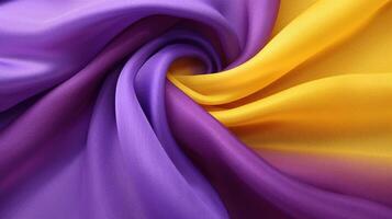 , Flowing chiffon fabric texture in purple violet and yellow color. Glossy spring banner, material 3D effect, modern macro photorealistic abstract background illustration. photo