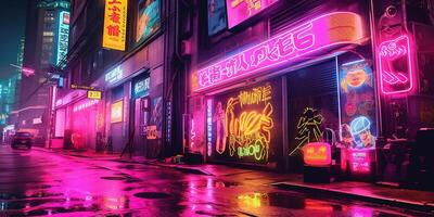 Generative AI, Night scene of big city in cyberpunk style, futuristic nostalgic 80s, 90s. Neon lights vibrant colors, photorealistic horizontal illustration. photo