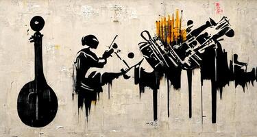 Generative AI, Abstract Street art with keys and musical instruments silhouettes. Ink colorful graffiti art on a textured paper vintage background, inspired by Banksy photo