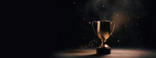 Generative AI, Winner trophy with flames, golden champion cup with falling confetti on dark background photo