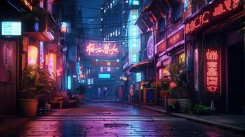 , Night scene of big city in cyberpunk style, futuristic nostalgic 80s, 90s. Neon lights vibrant colors, photorealistic horizontal illustration. photo