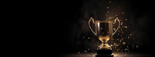 , Winner trophy with flames, golden champion cup with falling confetti on dark background photo