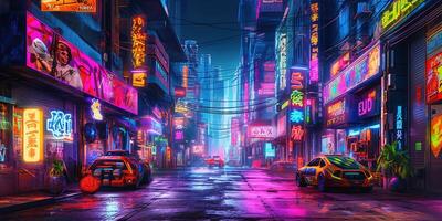 Generative AI, Night scene of big city in cyberpunk style, futuristic nostalgic 80s, 90s. Neon lights vibrant colors, photorealistic horizontal illustration. photo