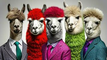 Generative AI, Group of positive different colors of alpacas or lamas, funny animals. Individuality, independence, think different, creative idea, diversity and inclusive concept. photo